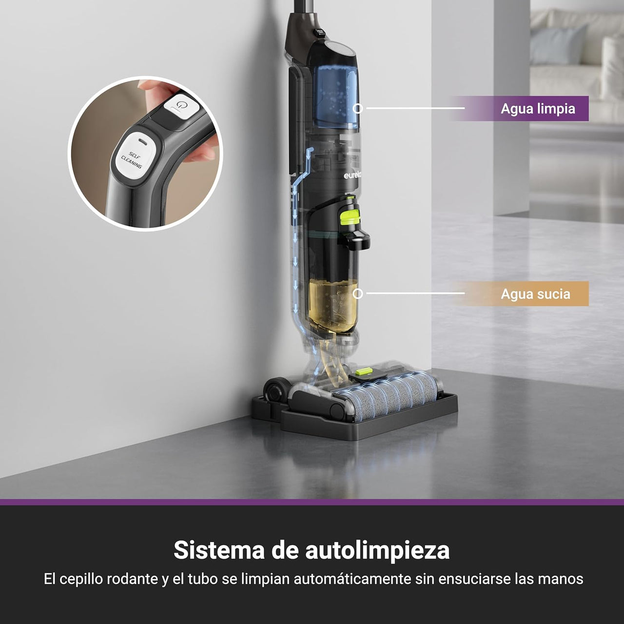EUREKA NEW400 Aspirador Escoba sin Cable en Seco y Húmedo Inalámbrico,Ligero, Aspiradora y Fregona sin Cable Inteligente, Autolimpieza,Autonomía 30 mins,Tanque Doble,Suelos Duros, Pelo de Mascotas
