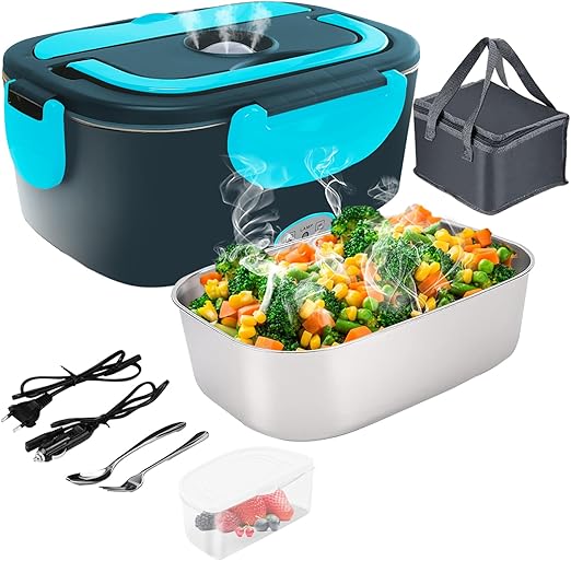 Gentre Fiambrera Electrica 4 en 1 12V/24V/220V~240V Calentador de Comida Portatil con Termo para Coche Camión y Trabajo 1.5L 60W en Acero Inoxidable con Tartera Bolsa Térmica y Juego de Cubiertos