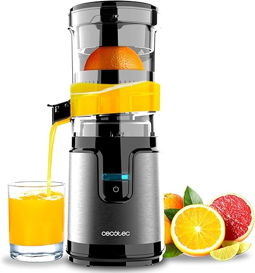Cecotec Exprimidor de Naranjas Eléctrico de Torre Essential TowerAdjust Easy Steel. 140W, Capacidad de 0,35L, Incluye un Filtro y un Cono de Plástico, Única Dirección de Rotación, Desmontable