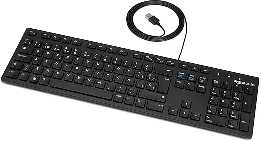 Amazon Basics Teclado con Cable USB y Base Fina, diseño español, Negro Mate