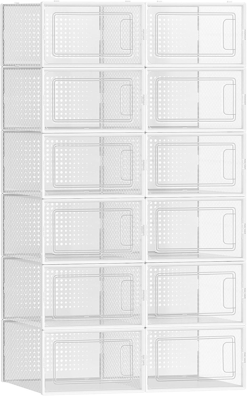 SONGMICS Cajas de Zapatos Plástico, Juego de 12 Organizadores de Almacenamiento, Caja Zapatero Plástico Plegable y Apilable para Zapatillas hasta talla 44, Transparente y Blanco LSP12SWT
