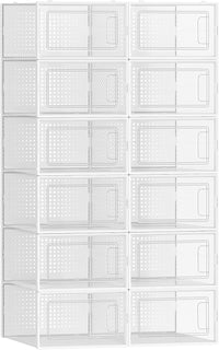 SONGMICS Cajas de Zapatos Plástico, Juego de 12 Organizadores de Almacenamiento, Caja Zapatero Plástico Plegable y Apilable para Zapatillas hasta talla 44, Transparente y Blanco LSP12SWT