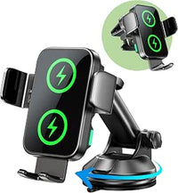 Cargador Inalámbrico Coche de 15W [Doble Bobinas], [Sujeción Automática] 360° Rotación Soporte Movil Cargador, Carga Rápida Coche para iPhone Duo/18/17/16/15/14/13/12/11, Samsung S25/S24/23/22