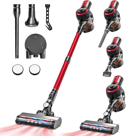 VEGREM Aspiradora Sin Cable 25Kpa, Aspirador Escoba 2 Modos, Escoba Aspiradora Sin Cable Luces LED, Tubo Telescópico, Batería Extraíble, hasta 40 Minutos De Funcionamiento