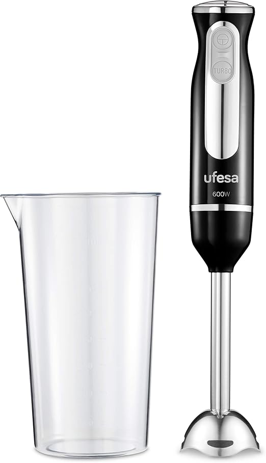 Ufesa BP3442 Batidora de Mano, 600 W, Función Turbo, 2 Cuchillas y Pie en Acero Inoxidable, Diseño Ergonómico y Anti Salpicaduras, Vaso Medidor Incl., Sin BPA, Color Negro (Black)