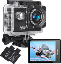 Jadfezy Cámara Deportiva HD 1080P, Cámara subacuática 30M con 140 Grados Gran Angular, Cámara de acción 2 baterías Recargables de 900mAh y Kit de Accesorios