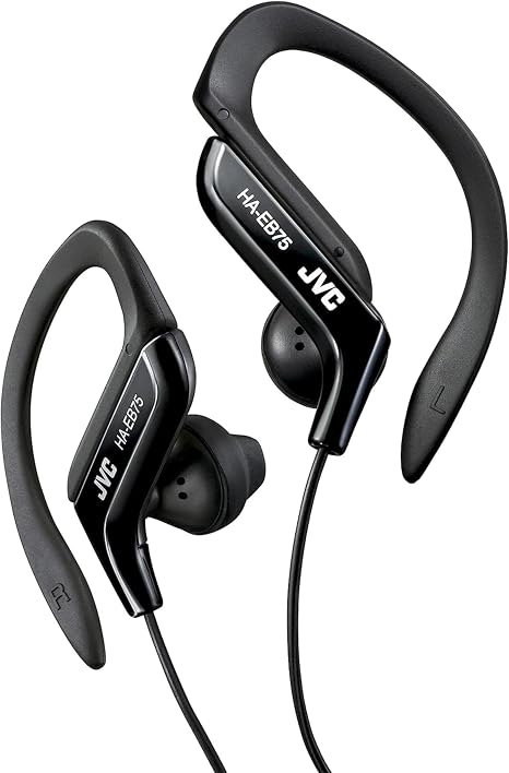 JVC HA-EB75-BN-U Auriculares Deportivos con Clip Regulable, Ajuste Seguro 5 Posiciones, Resistente a Salpicaduras, Sonido Potente con Graves, Cable 1,2m Forma de L Compatible con Smartphone
