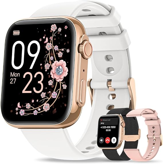 AIMIUVEI Reloj Inteligente Mujer con Llamadas, 1.85" HD Smartwatch Mujer 3 Correas, 120+ Modos Deportivos, Función Femenina, Pulsómetro, SpO2, Sueño, IP68 Podómetro para Android iOS Blanco Oro, Regalo