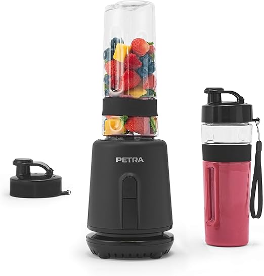 Petra batidora personal eléctrica compacta – incluye 2 botellas de 600 ml con tapas antifugas, cuchilla de acero inoxidable, uso de un toque, base antideslizante, potencia 350 W
