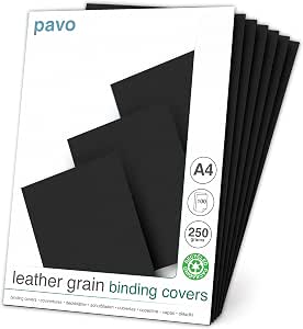 Pavo - Copertine per rilegatura effetto vera pelle, formato DIN A4, 250 g/m², confezione da 100 pz, colore: Nero