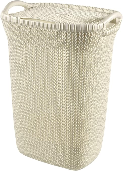 Curver Hamper- Baúl para la Colada 57L, Cesto de Ropa, 45x34xH61 cm, Acabado Knit, Blanco Oasis