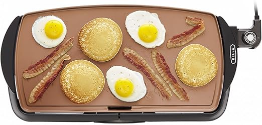 bella Plancha Eléctrica de Cerámica de Titanio Antiadherente, Gran Superficie de Cocción Sumergible y Bandeja Grasa Extraíble, Temperatura Regulable, Sin PTFE y PFOA, 27cm x 51cm, Cobre