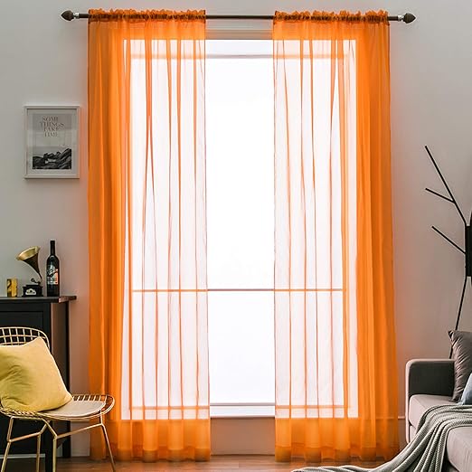 MIULEE Cortinas Poliéster Translúcida Fresca Transparente Salon Ventana Visillo Moderno para Sala Cuarto Dormitorio Habitación Comedor Cocina Salón Sala de Esatr 2 Unidades 140 x 175cm Naranja