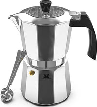 Cafe Du Chateau Cafetera de café italiana con tapa transparente, acabado brillante, cuchara de café, 6 tazas y máquina de moca para capuchino, latte