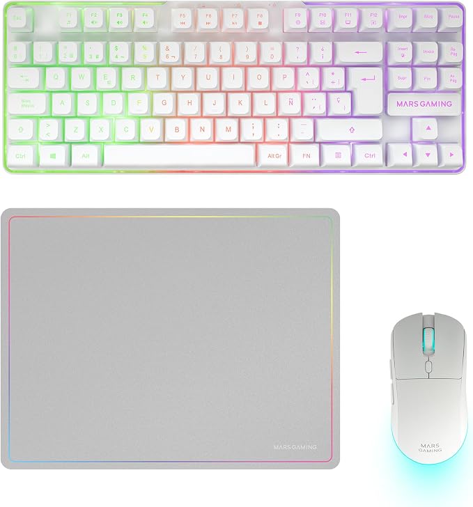 Mars Gaming MCPWTKL, Portugués, Combo Gaming Inalámbrico, Tecnología DualPro Link 2.4GPRO, Teclado TKL FRGB Rainbow + Ratón RGB 3200DPI y Switches HUANO + Alfombrilla Antideslizante 360x260mm, Blanco