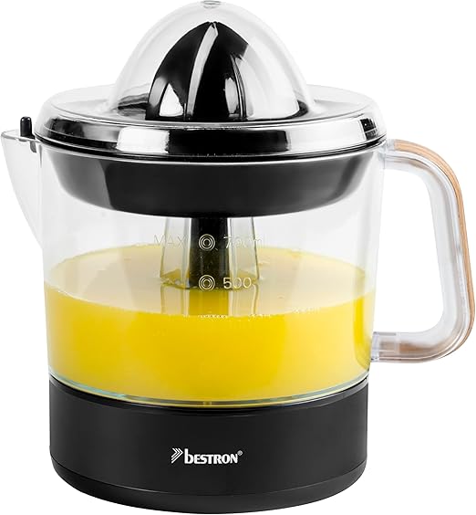 Bestron Exprimidor, Exprimidor eléctrico de cítricos y naranjas, incl. 2 conos exprimidores y tapa aromática, motor con dos sentidos de giro (izquierda/derecha), capacidad: 0,7 litros, negro/madera