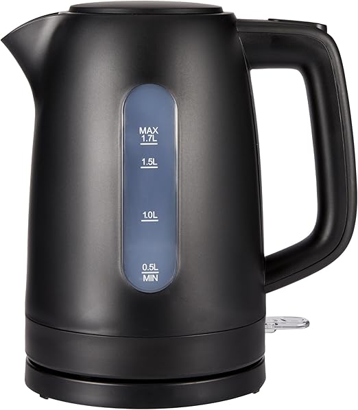 Amazon Basics Hervidor de Agua Eléctrico 1,7L, 2200 W, Libre de BPA con Base 360°, Apagado Automático y Filtro Antical Extraíble, Negro Mate