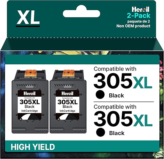 Heroil 305 Negro Reemplazo del Cartucho de Tinta 305xl para HP 305 XL Negro para HP DeskJet 2710 2720 DeskJet Plus 4100 4110 4120 4130 Envy 6010 6020 6030 Envy Pro 6420 6430 (Negro,2-Pack)
