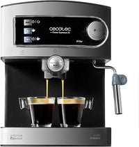 Cecotec Cafetera Express Manual Power Espresso 20. 850 W, Presión 20 Bares, Depósito de 1,6L, Brazo Doble Salida, Vaporizador, Superficie Calientatazas, Acabados en Acero Inoxidable