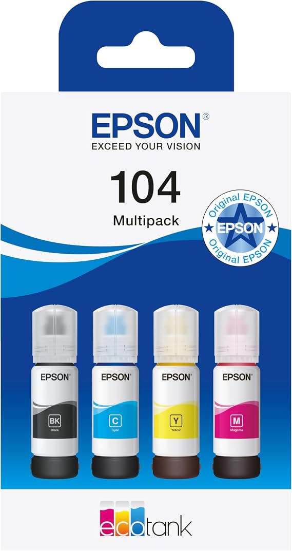 Botellas de tinta originales EcoTank de la serie 104 de Epson - Colores cian, magenta, amarillo y negro