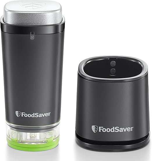 FoodSaver Envasadora al vacío de alimentos inalámbrica y portátil | con base de carga, 1 recipiente para conservar y marinar, y 5 bolsas con cremallera para contenidos frescos [VS1199X]