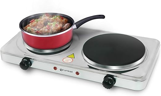 Grunkel - Hornillo Eléctrico de Doble Placa de 15,5cm y 18,5cm - EHP-218INOX - Cocina Eléctrica Doble portatil ideal para Caravanas, Camping o Cocinas Pequeñas -1000W + 2000W- Acero inoxidable