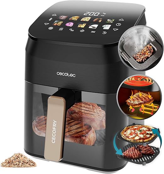 Cecotec Freidora de Aire sin Aceite 4,5L Plancha Grill Doble Resistencia Ahumador Integrado Air Fryer Cecofry&Grill Smokin' 4500. 1900W, Temperatura Regulable 40-200°C, 10 Menús