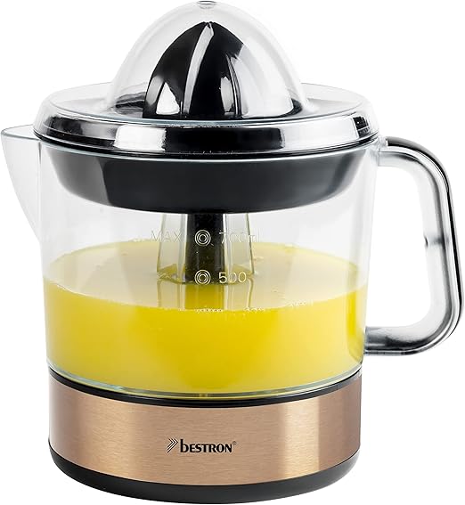 Bestron Exprimidor, Exprimidor eléctrico de cítricos y naranjas, incl. 2 conos exprimidores y tapa aromática, motor con dos sentidos de giro (izquierda/derecha), capacidad: 0,7 litros, 40 vatios,cubre