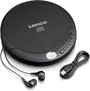 Lenco CD-010 - Reproductor de CD portátil Walkman - Diskman - CD Walkman - Con auriculares y cable de carga micro USB - Negro [Clase A de eficiencia energética]