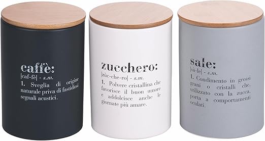 Villa d'Este Home Tivoli Victionary Light - Juego de 3 botes de café, azúcar y sal, 750 ml, de gres, tapa de bambú