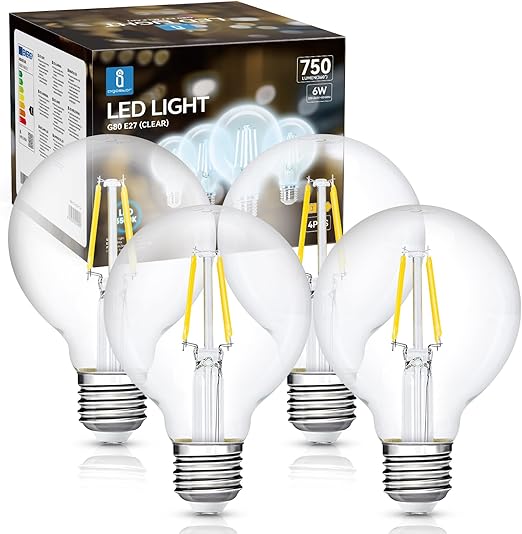 Aigostar - Bombilla LED E27 Edison, 6W Equivalente a 57W, Blanco Frío 6500K, 750 Lúmenes, Bombilla LED Vintage Decorativa G80 de Filamento, No Regulable, Cristal Transparente, Pack 4