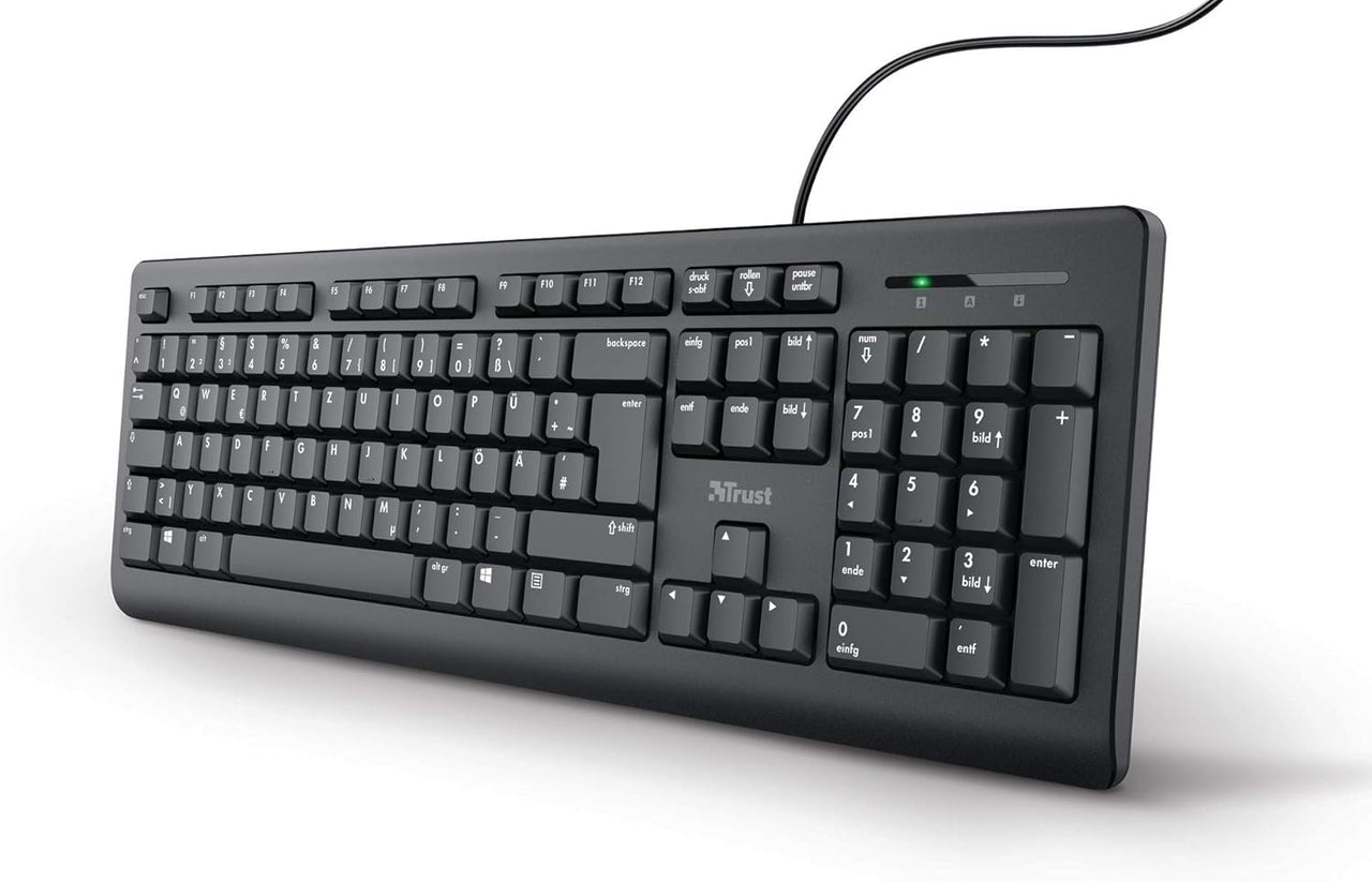 Trust Taro Kabelgebundene Tastatur, Deutsches QWERTZ Layout, Leise Tasten, Spritzwassergeschützt, USB-Anschluss, 1.8 m Kabellänge, PC Tastatur für Computer, Laptop, Mac, Windows, macOS – Schwarz