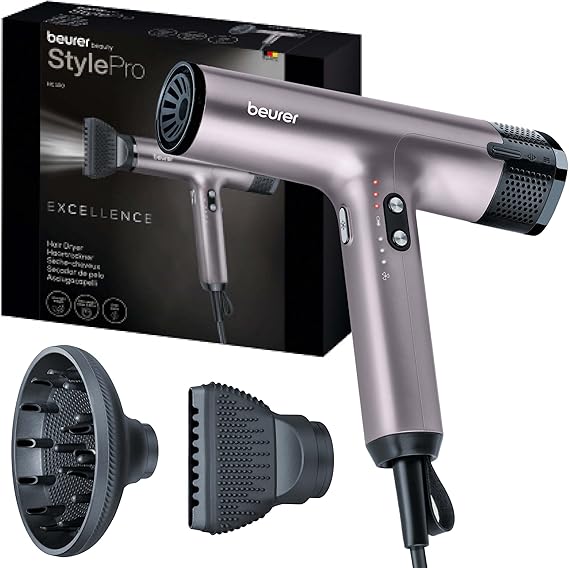 Beurer HC 100 Excellence Secador de pelo, secador con motor digital, extremadamente potente y ultraligero, 4 niveles de temperatura y ventilación para un secado rápido y suave, boquilla y difusor