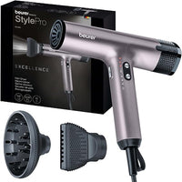 Beurer HC 100 Excellence Secador de pelo, secador con motor digital, extremadamente potente y ultraligero, 4 niveles de temperatura y ventilación para un secado rápido y suave, boquilla y difusor
