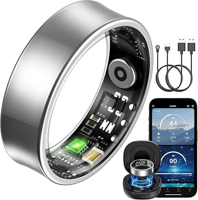 BANLVS Anillo Inteligente Hombre Mujer, Fitness Ring con Pulsometro HRV, SpO2 Sueño Temp Estrés, 176 Deportes, IP68 Smart Ring Reloj Inteligente App sin Suscripción (Plata, 65.4mm(11))