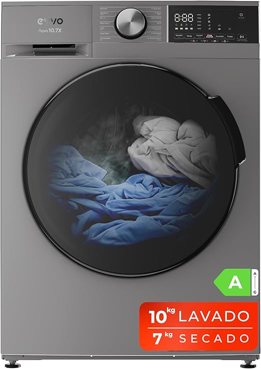 EVVO Lavadora secadora 10 kg + 7 kg, Vapor, Motor Inverter, Lavado y Secado en 1 Hora, Tambor ePROTECT, Smart LOAD, 1400 rpm, Clase energética A, Carga Frontal, Nova (10/7kg, Inox)