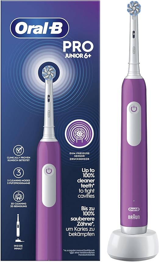 Oral-B Pro Junior Cepillo de Dientes Eléctrico, 1 Mango Recargable, 1 Cabezal, Diseñado Por Braun, Apto Para Niños Mayores De 6 Años - Morado