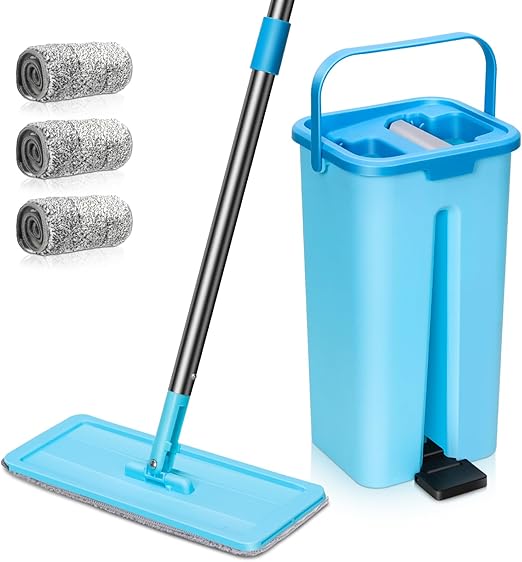 MASTERTOP Fregona fregona y cubo escurridor, mopa plana giratoria y cubo de lavado, fregona manos libres de microfibra, con 3 almohadillas reutilizables (azul claro)