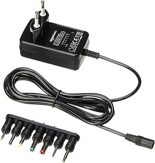 Amazon Basics Adaptador de Fuente de alimentación de CC, Universal, con 7 Conectores Intercambiables, 3-12 V, polaridad Reversible, Extra Grande, Negro