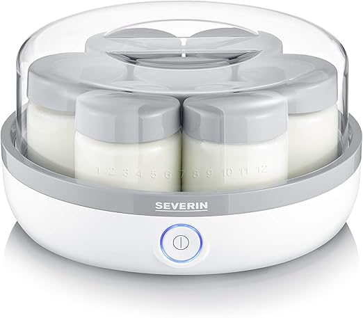 Severin Yogurtera con tapa transparente, incluye 7 tarros con tapa antiderrames de 150 ml cada uno, 13 W, 100 % libre de BPA, dimensiones 24 x 24 x 12.5 cm, Blanco/gris JG 3518