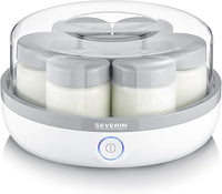 Severin Yogurtera con tapa transparente, incluye 7 tarros con tapa antiderrames de 150 ml cada uno, 13 W, 100 % libre de BPA, dimensiones 24 x 24 x 12.5 cm, Blanco/gris JG 3518