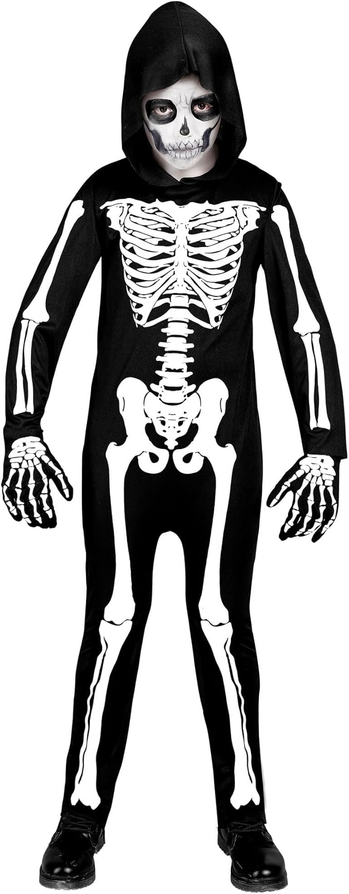 W WIDMANN MILANO Party Fashion - Disfraz infantil esqueleto, mono con capucha, blanco, brilla bajo la luz UV, disfraz Halloween