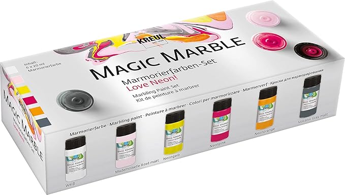 KREUL 73614 - Magic Marble Marbling Paint, Love Neon Set, 6 x 20 ml pintura en blanco, amarillo neón, rosa neón, naranja neón, gris y rosado para marmolear por inmersión madera, vidrio, plástico
