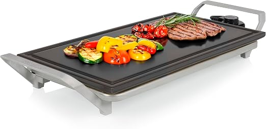 Princess Table Chef Premium Plancha de piedra – Superficie extra grande 46 x 26 cm – Placa de parrilla de cerámica – Libre de PFAS – Termostato ajustable – Incluye 4 espátulas – 103150