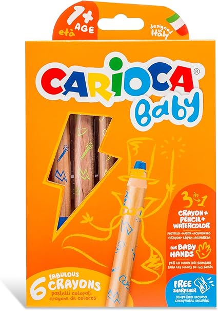 CARIOCA Baby Crayons 3in1, Pastelloni Colorati Super Lavabili per Bambini 3 in 1, Matite Colorate e Pastelli a Cera Acquerellabili, Colori Assortiti, 6 Pezzi