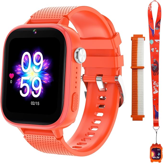OKYUK Reloj Inteligente 4G para niños, con teléfono y GPS, Multifuncional, con videollamada, Modos Deportivos, Reloj Despertador, App Store integrada, para niños y niñas, Color Naranja