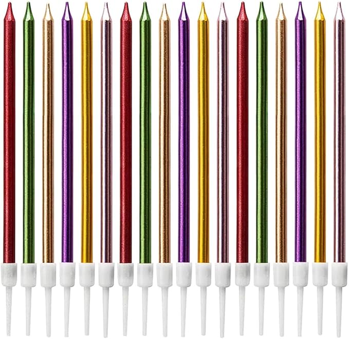 Velas de Tarta de Cumpleaños, 24 Piezas Velas de Tarta Metálicas Delgadas Largas Velas en Soporte para Decoración de Tarta de Cumpleaños de Boda Color