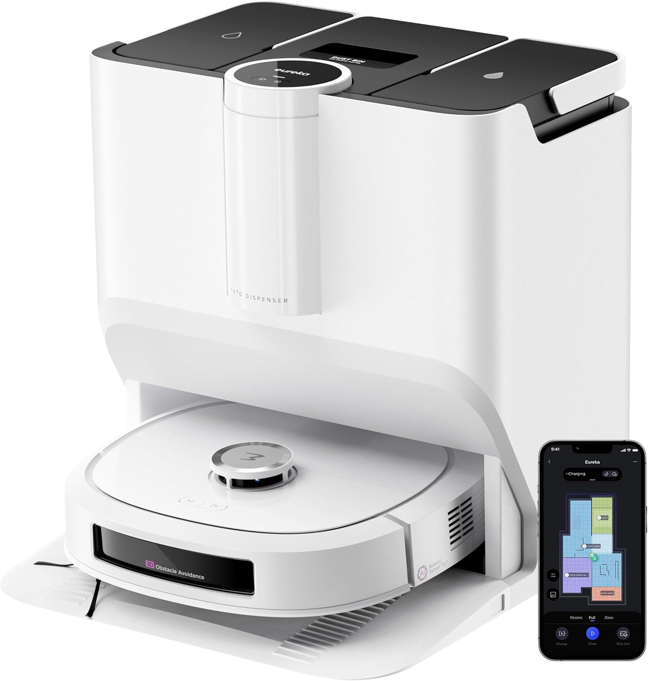 EUREKA J20 Robot Aspirador y Fregasuelos, Succión de 8000Pa, Diseño de Mopa con Secado Automático, Evitación de Obstáculos, Detección de Alfombras, Estación Base Autolimpiable, Control por Voz