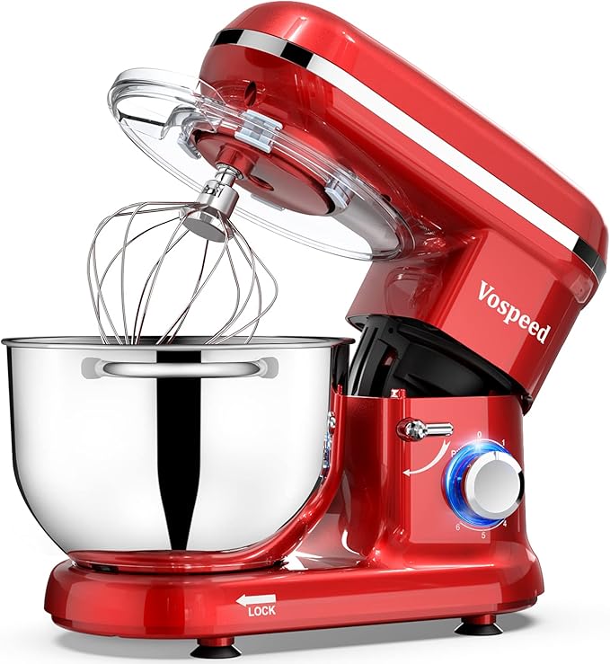 Batidora Amasadora Vospeed 1500W, Amasadora de Pan Para Repostería 6.2 L, Bol de Acero Inoxidable, Varillas Batidoras, Varillas Amasadoras (rojo)