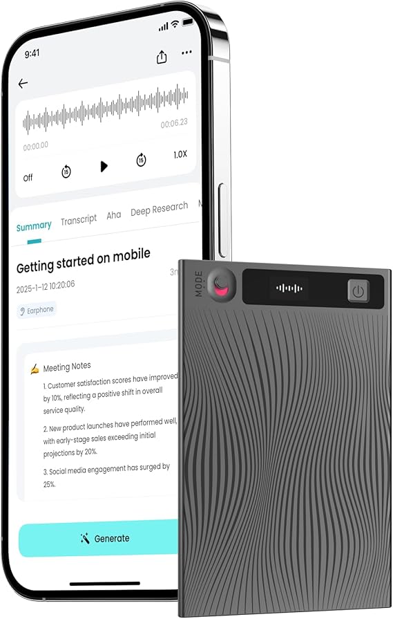 Mobvoi TicNote - Grabadora de Voz IA 64GB con Memoria, Estuche, Control por App, 100+ Idiomas con IA “Shadow“, Grabadora Digital para Llamadas, Clases y Reuniones